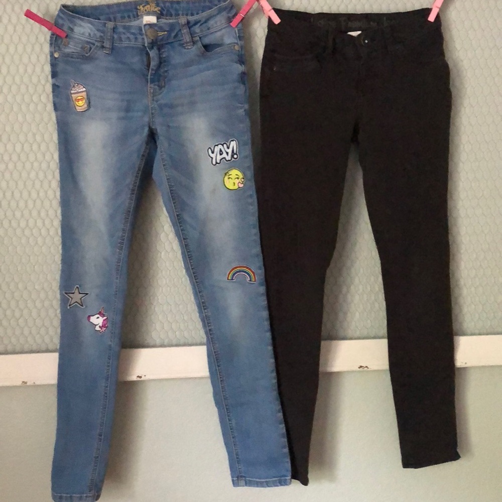2 Pair Justice 12 slim jeans | emoji patches and black stretch 12s